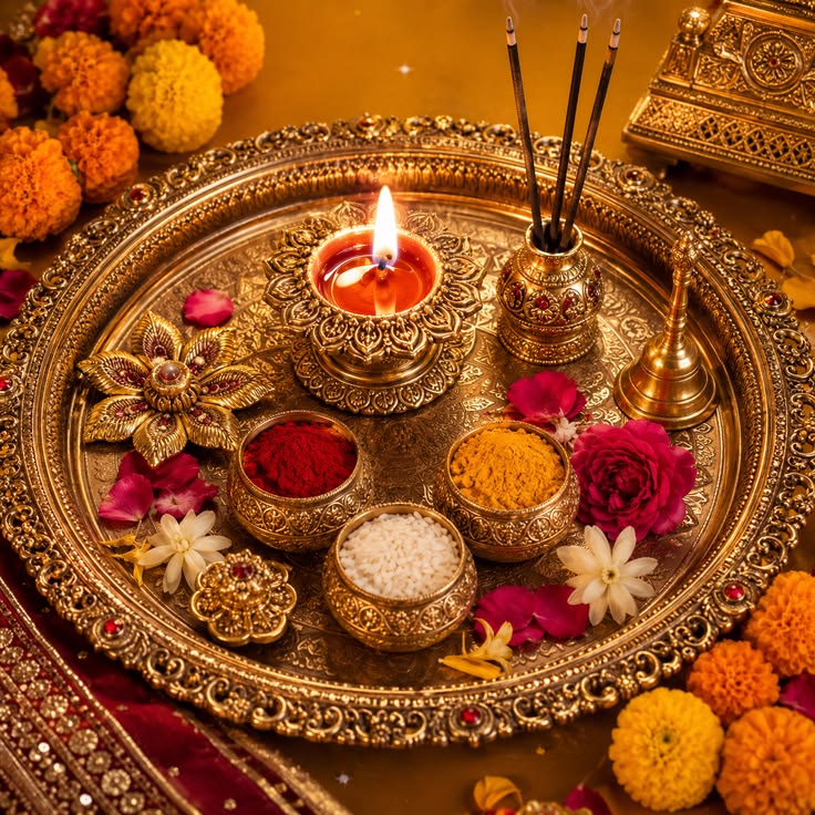 Decorated Puja thali with diya and offerings